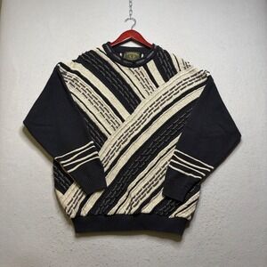 Tosani Sweater Mens XL Black Gray Vintage 90s Coogi Style Retro 3D Textured Knit